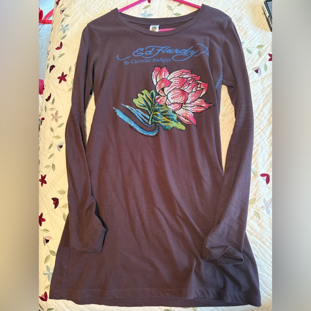 Ed Hardy Floral Graphic Brown Long Sleeve Tee